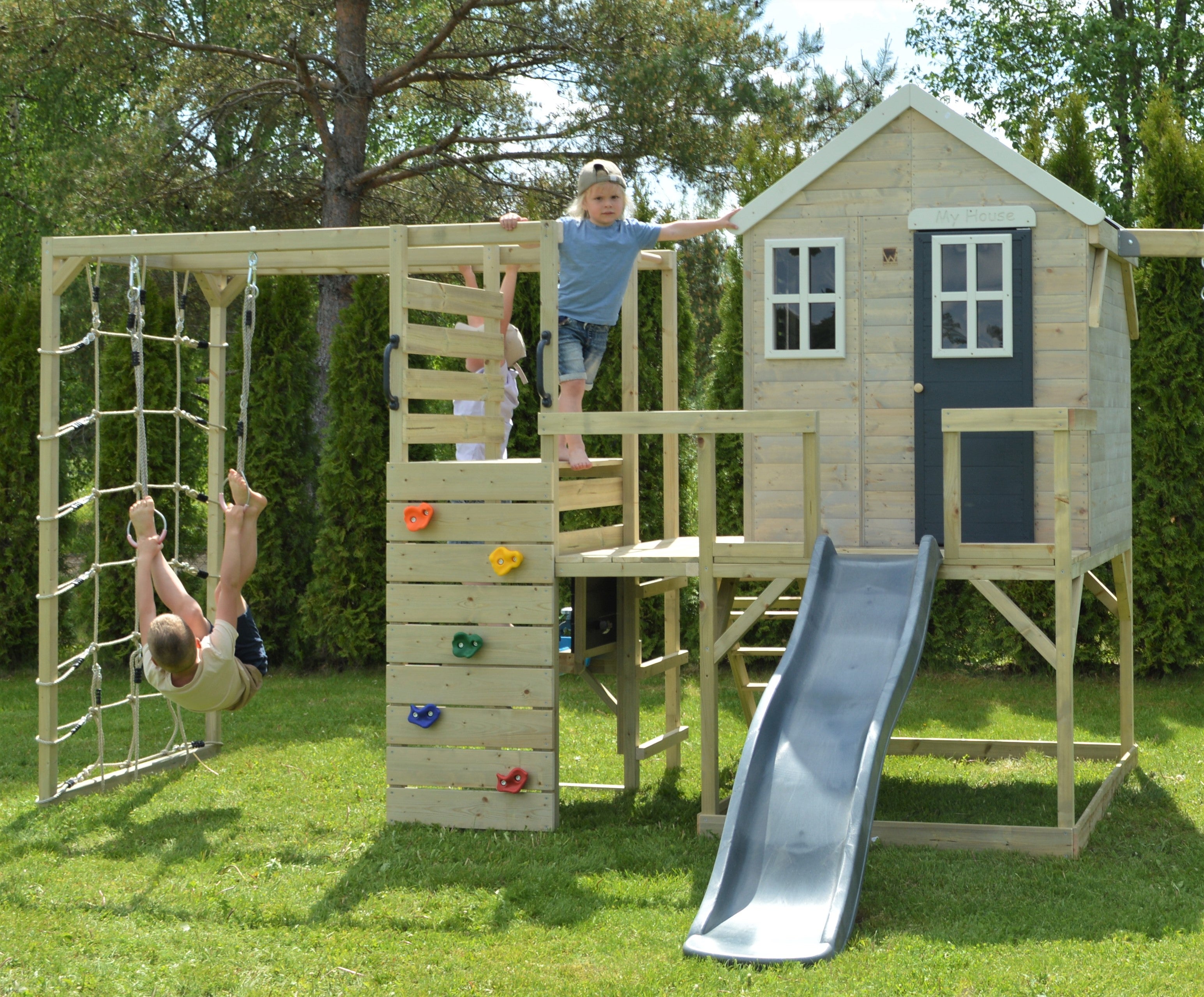 M28-G My Lodge with Platform, Slide and Double Swing + Gym Attachment