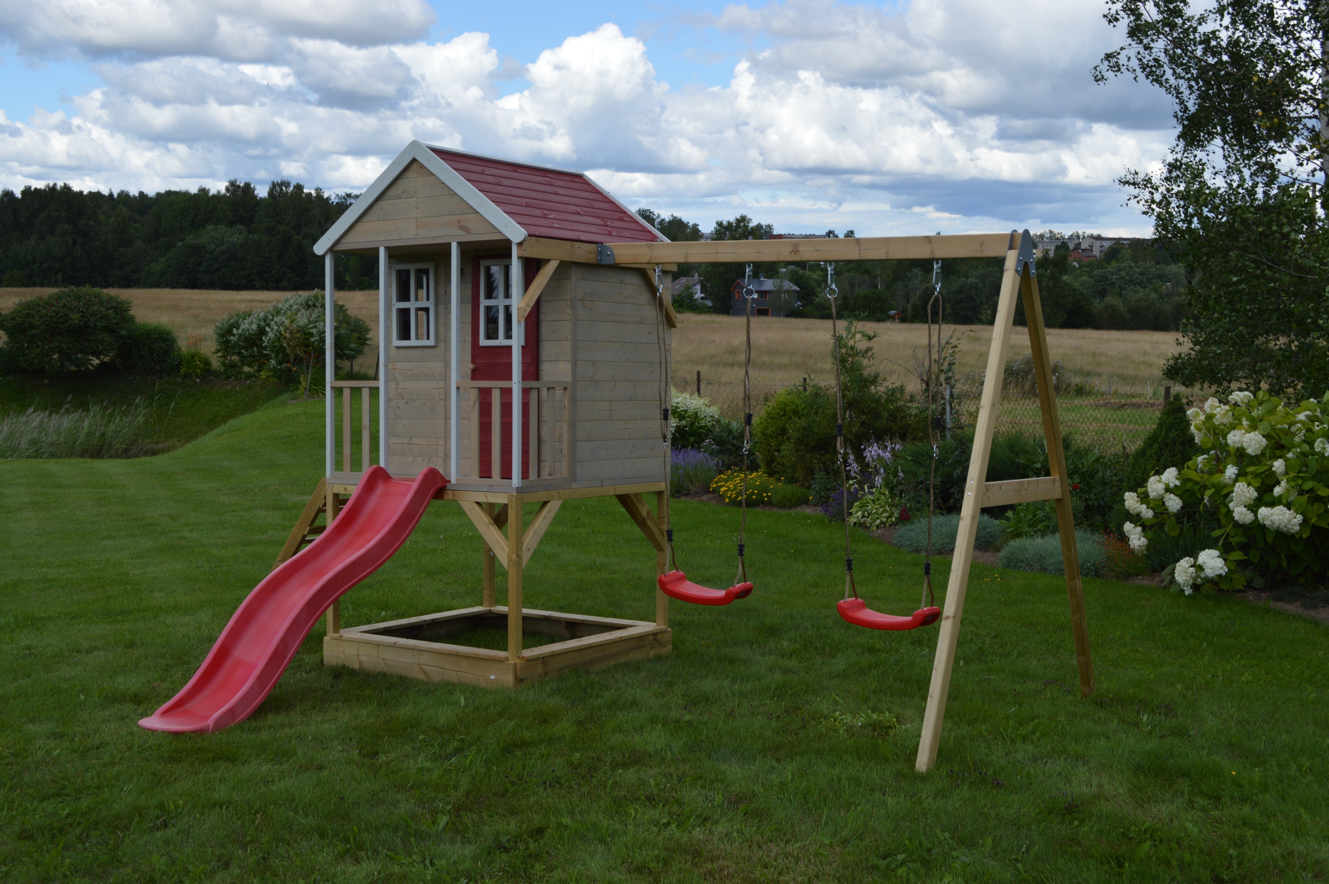 M30R-GK Nordic Adventure House with Platform, Slide and Double Swing + Gym & Kitchen Attachment