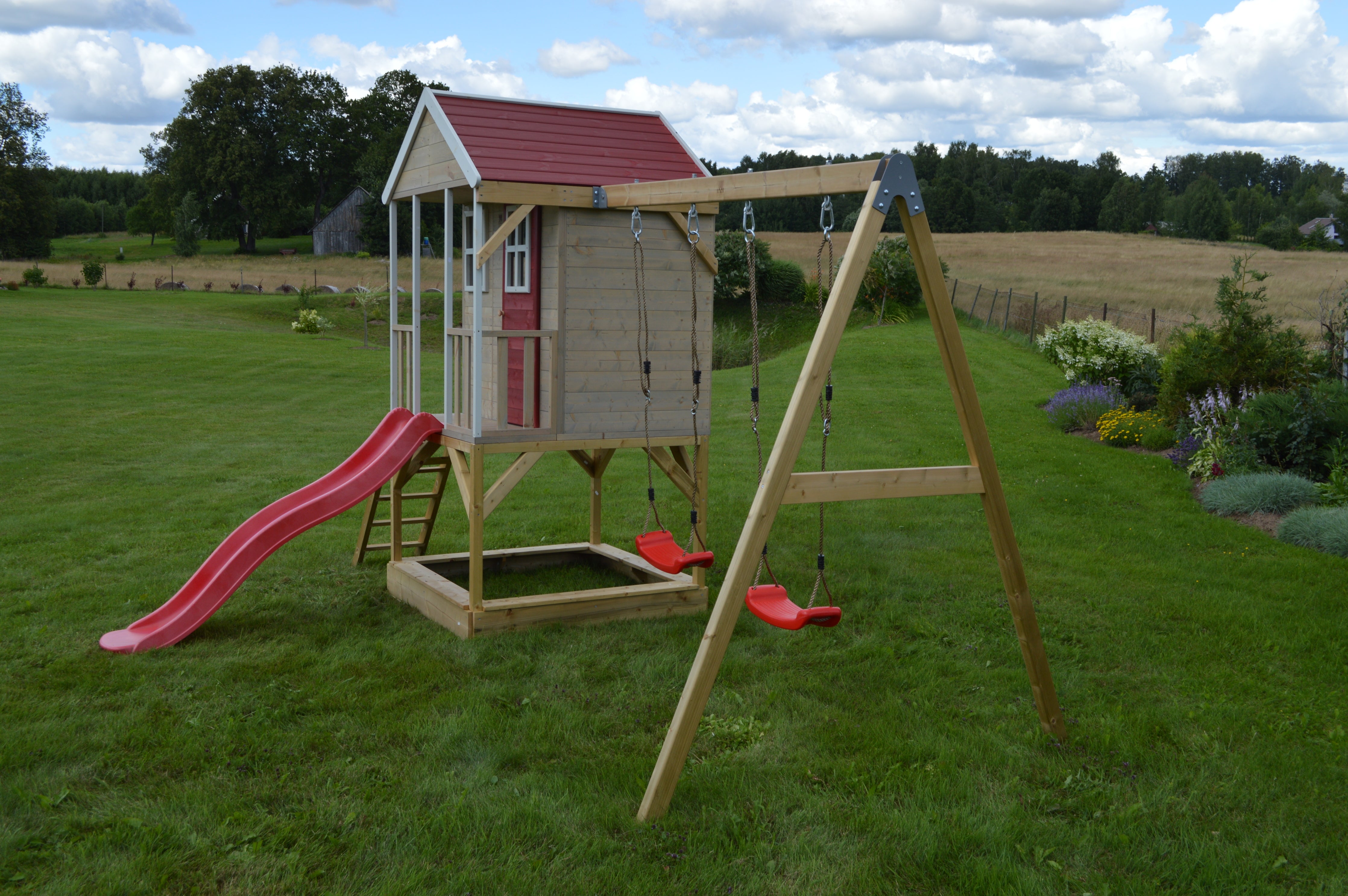 M30R-G Nordic Adventure House with Platform, Slide and Double Swing + Gym Attachment
