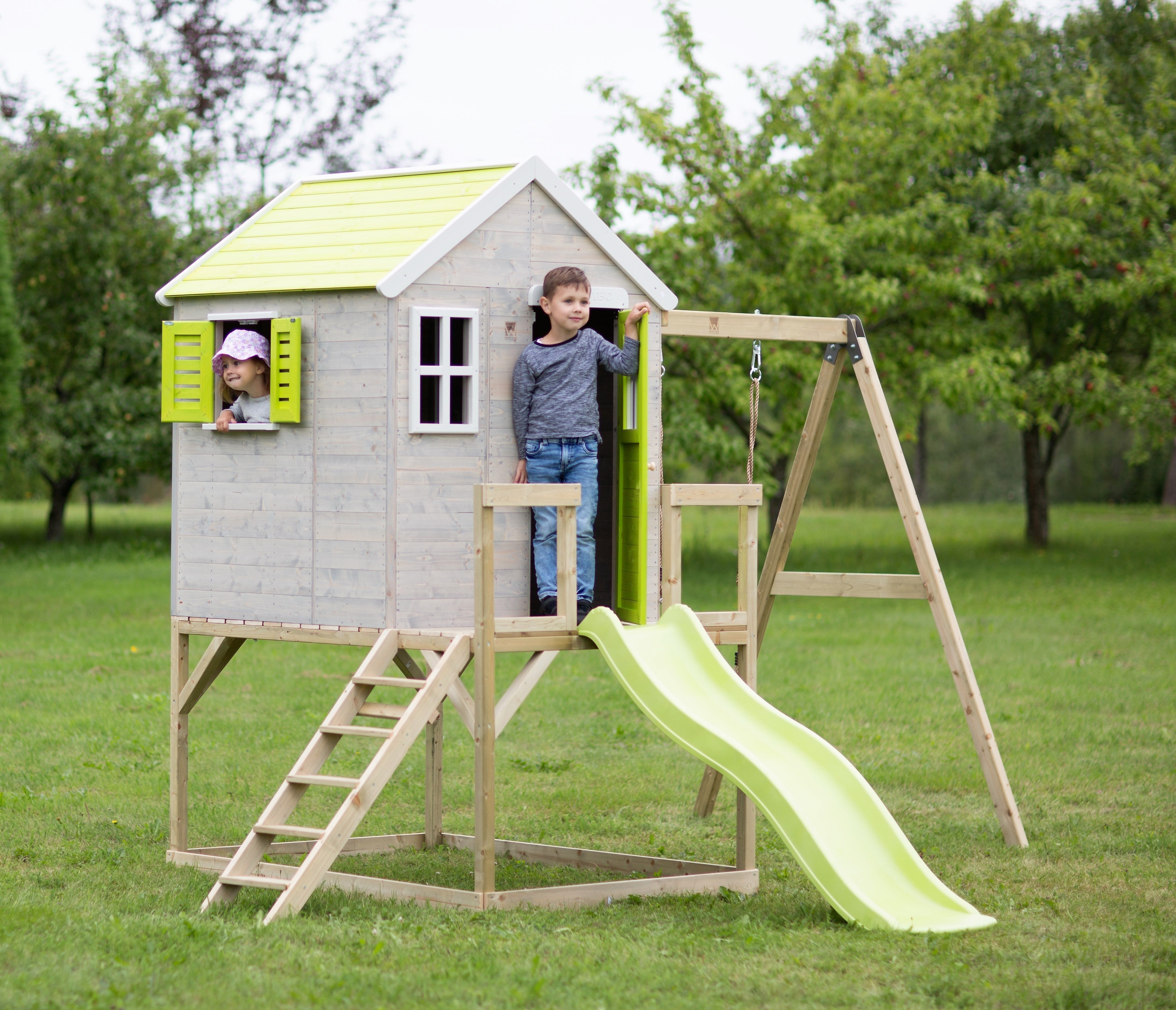 M24-G My Lodge with Platform, Slide and Single Swing + Gym Attachment
