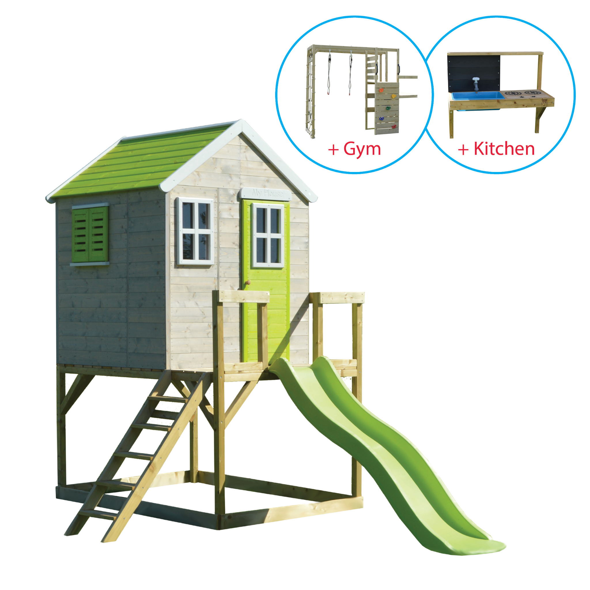 M22-GK My Lodge with Platform and Slide + Gym & Kitchen Attachment