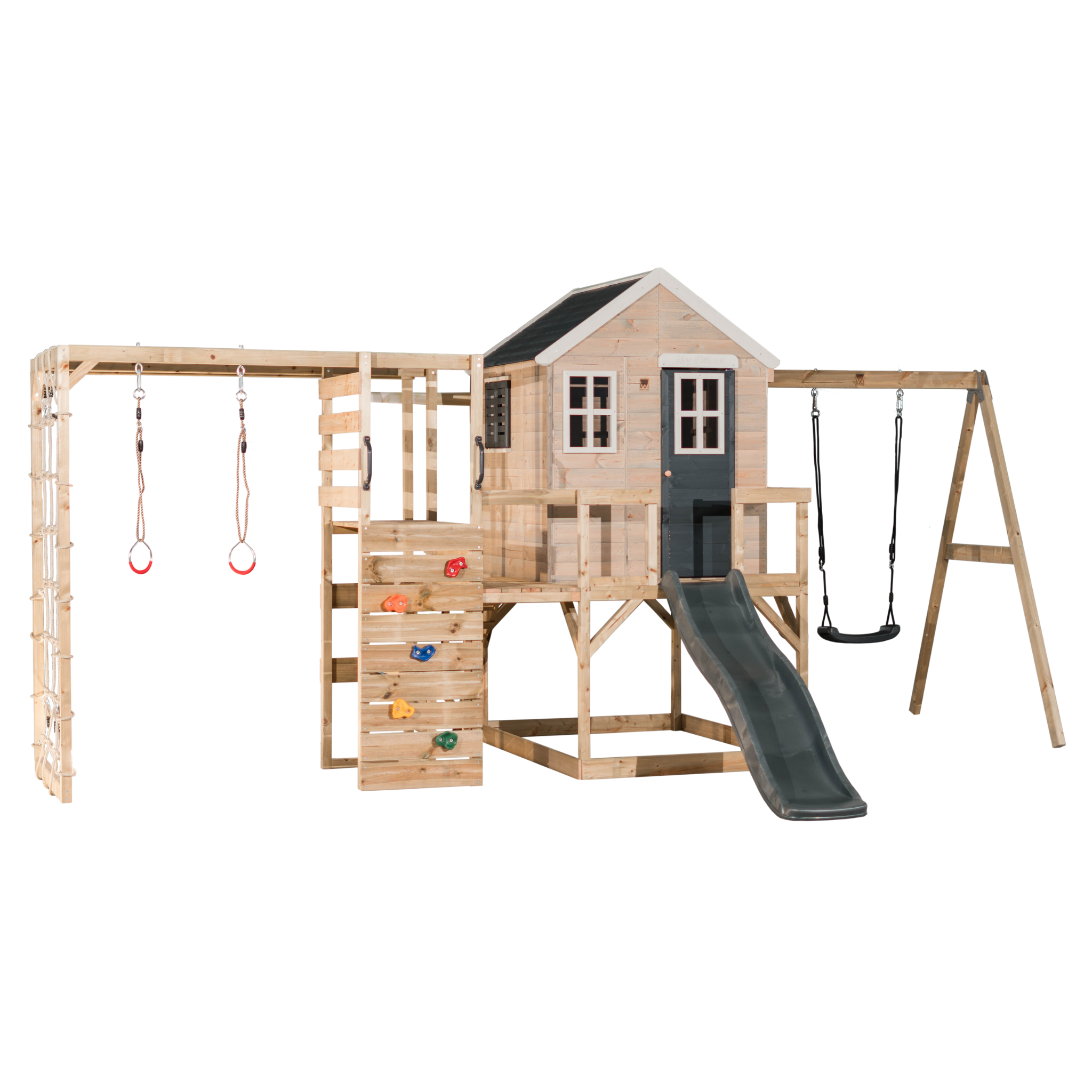 M24-GK My Lodge with Platform, Slide and Single Swing + Gym & Kitchen Attachment