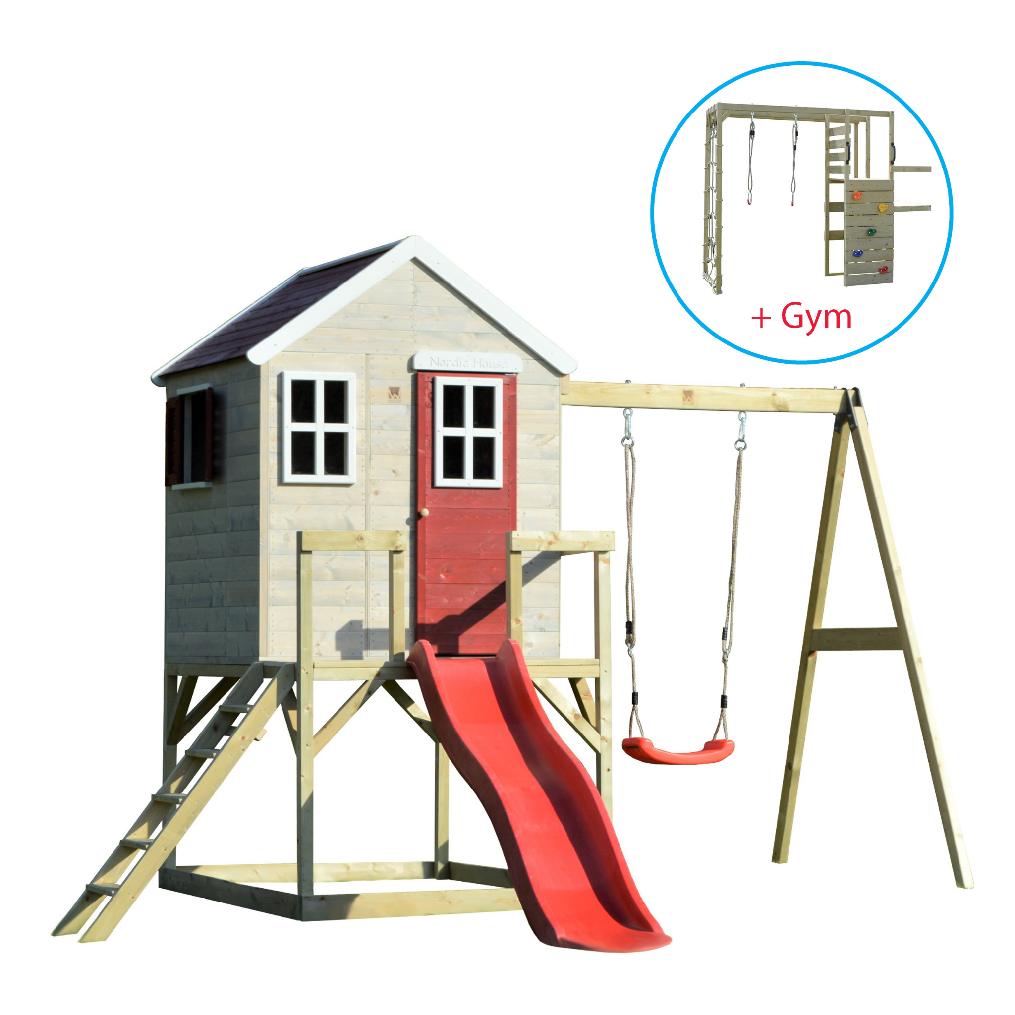 M24-G My Lodge mit Plattform, Rutsche und Einzelschaukel + Gymnastikaufsatz