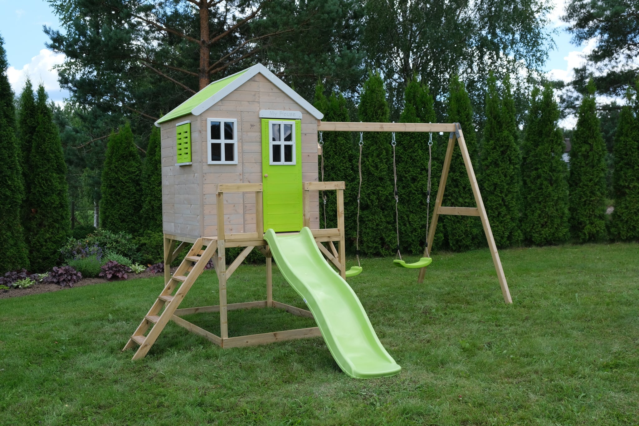 M28-GK My Lodge with Platform, Slide and Double Swing + Gym & Kitchen Attachment
