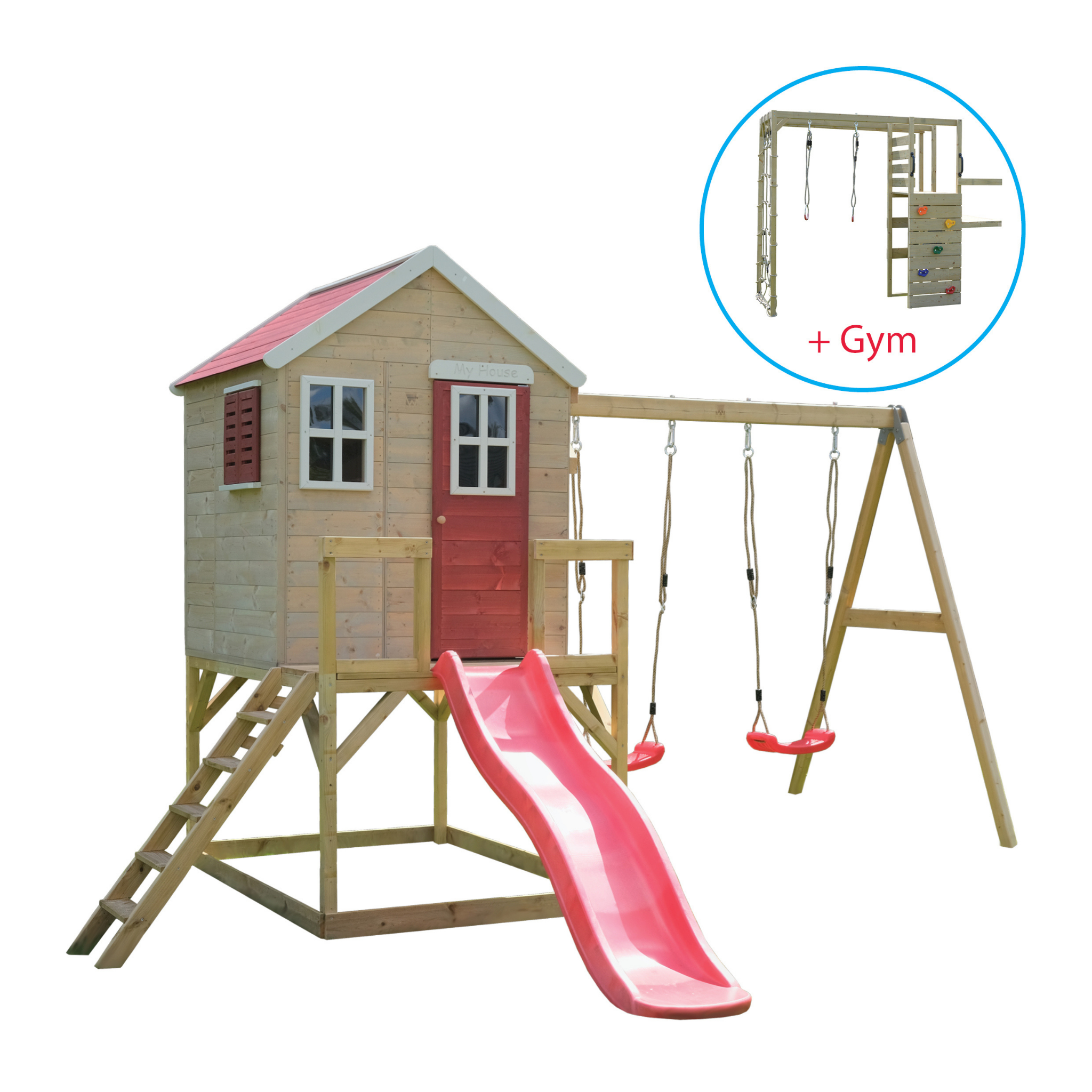 M28-G My Lodge mit Plattform, Rutsche und Doppelschaukel + Gymnastikaufsatz