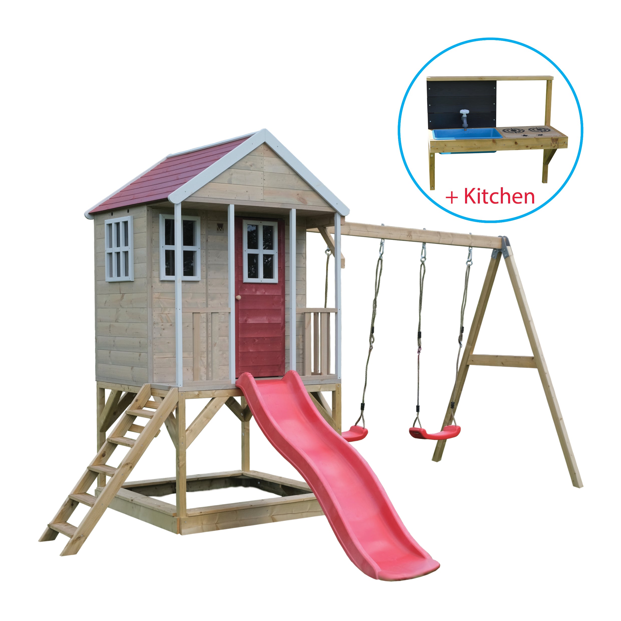 M30R-K Nordic Adventure House with Platform, Slide and Double Swing + Kitchen Attachment
