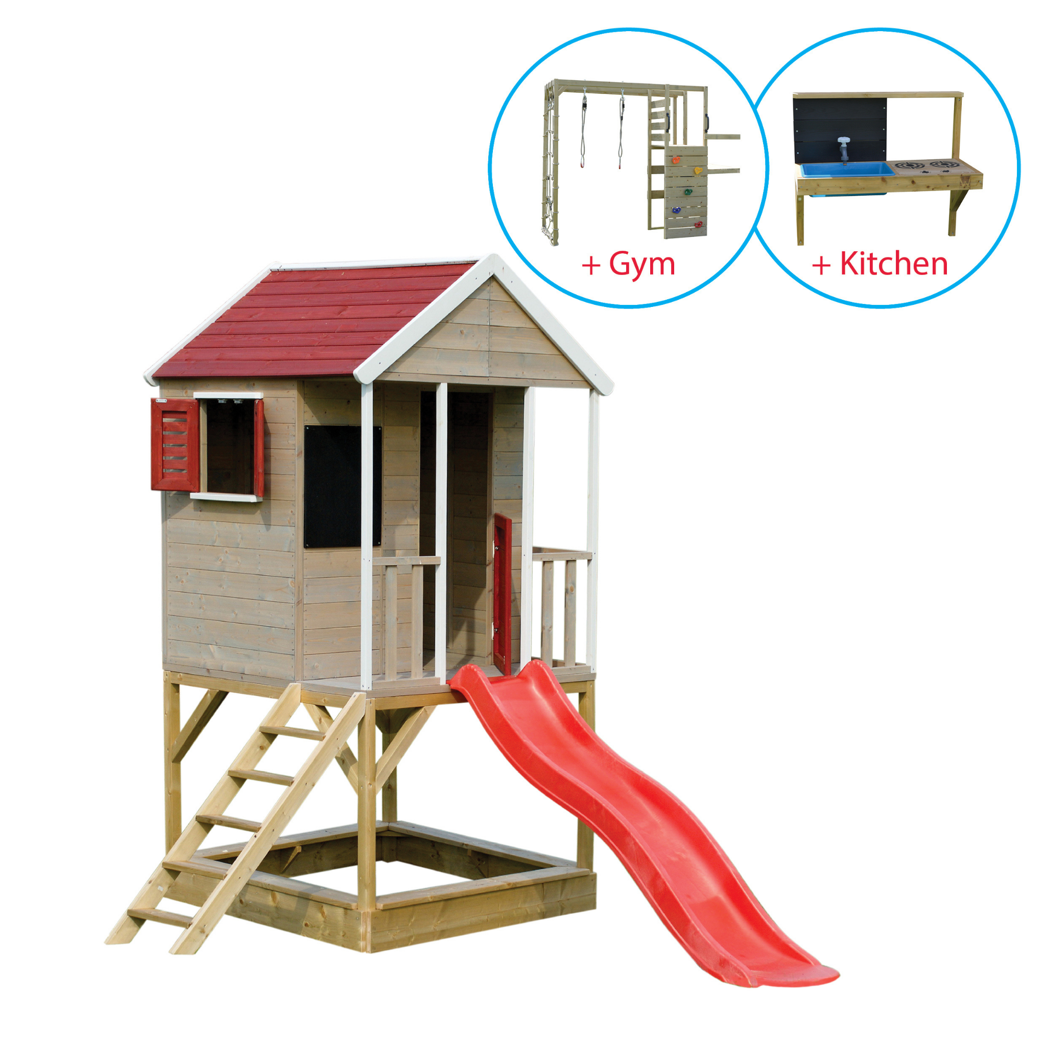M7R-GK Summer Adventure House with Platform and Slide + Gym and Kitchen Attachment