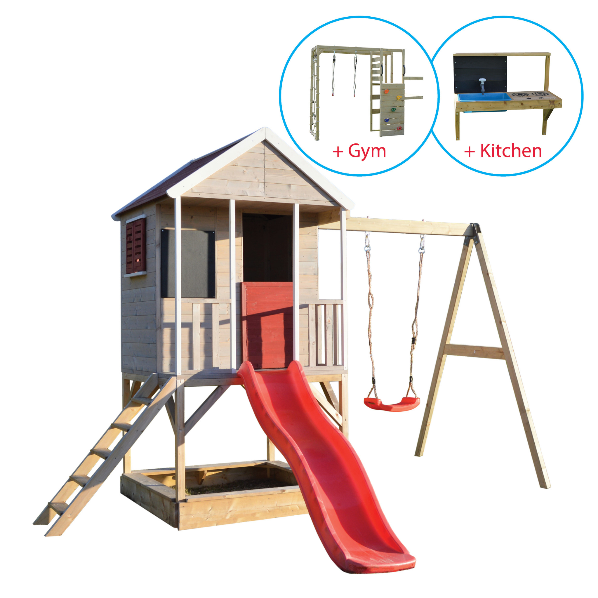 M9R-GK Summer Adventure House with Platform, Slide and Single Swing + Gym & Kitchen Attachment