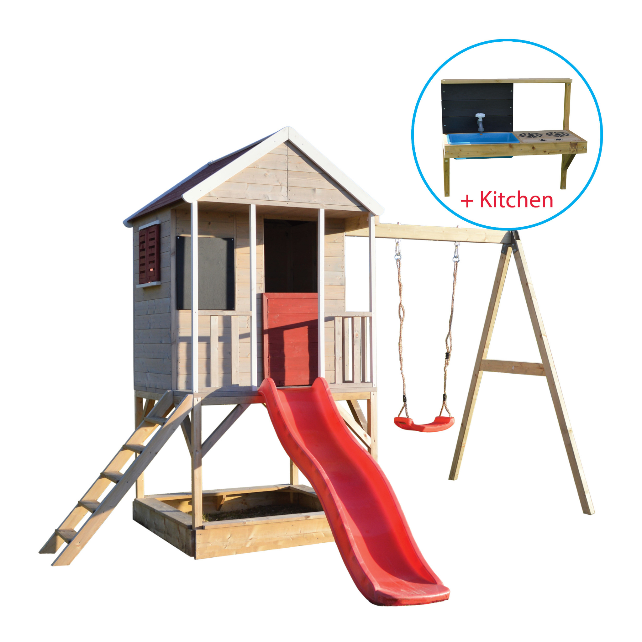 M9R-K Summer Adventure House with Platform, Slide and Single Swing + Kitchen Attachment