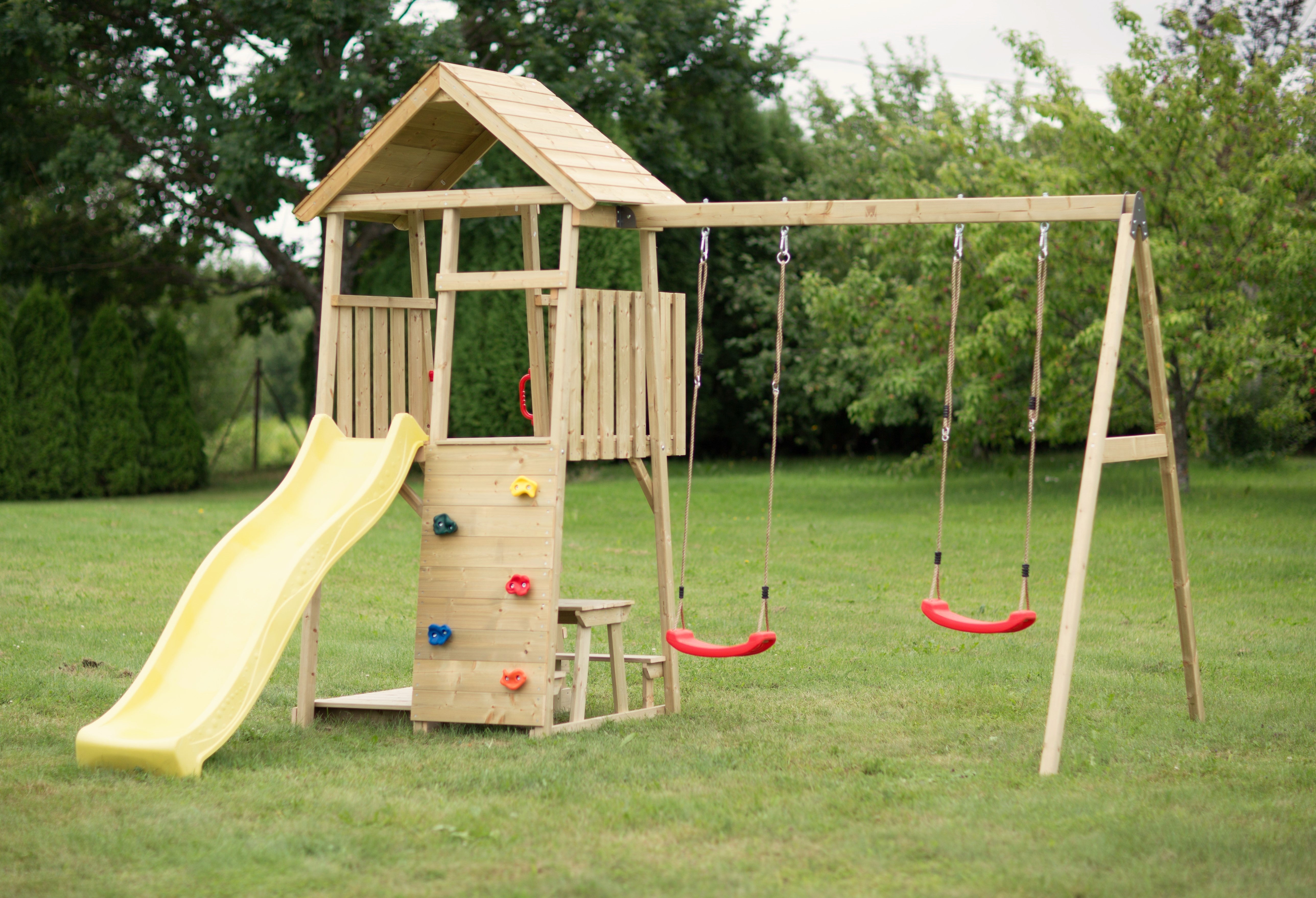J9 Junior Play Tower with Slide, Sandpit, Picnick Bench and Double Swing
