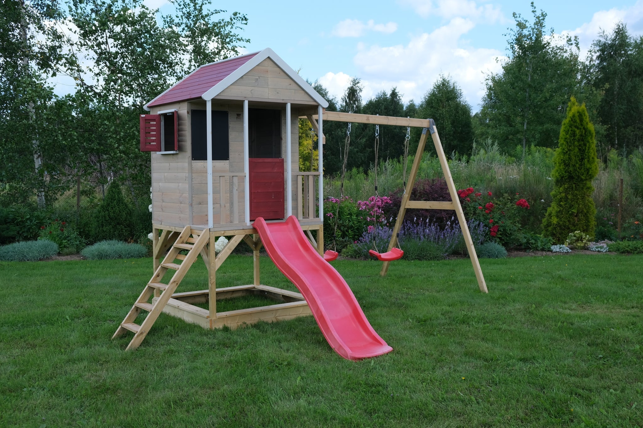 M29R-G Summer Adventure House with Platform, Slide and Double Swing + Gym Attachment